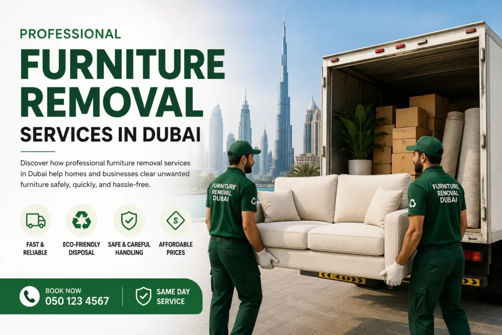 Furniture Removal Services in Dubai with professional movers loading a sofa into a removal truck