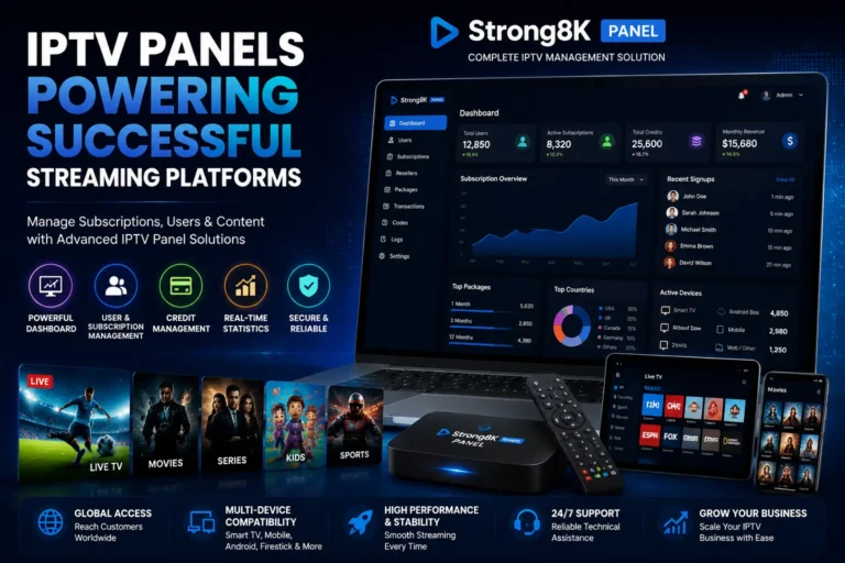 IPTV Panels featuring Strong8K Panel dashboard, subscription management tools, user control system, live TV streaming, multi-device compatibility, and digital entertainment platform solutions.