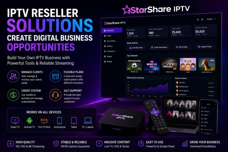 How IPTV Reseller Solutions Create Digital Business Opportunities IPTV Reseller Solutions featuring StarShare IPTV panel dashboard, subscription management tools, live TV channels, multi-device streaming, and digital entertainment business opportunities