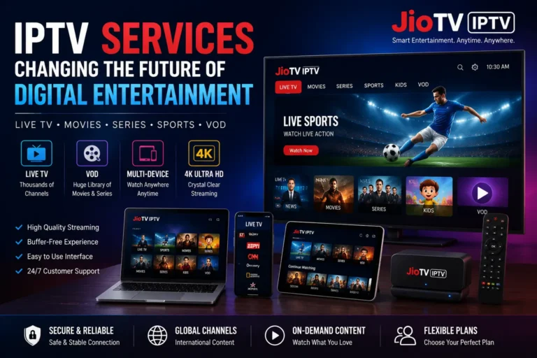 IPTV Services platform featuring live TV channels, movies, sports, VOD content, 4K streaming, and multi-device digital entertainment experience