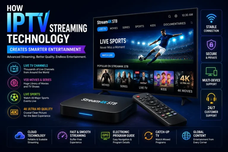 How IPTV Streaming Technology Creates Smarter Entertainment IPTV Streaming Technology featuring Stream4K STB with live TV channels, 4K Ultra HD streaming, movies, sports, VOD content, multi-device support, and smart entertainment experience