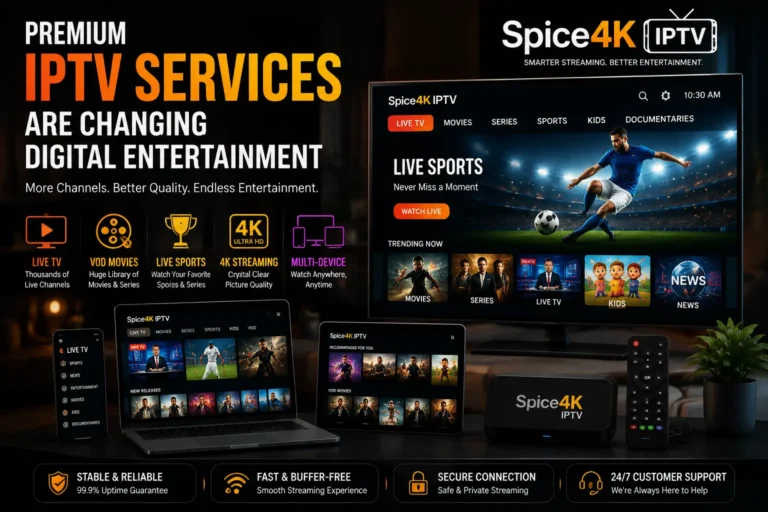 How Premium IPTV Services Are Changing Digital Entertainment Premium IPTV Services featuring live TV channels, VOD movies, live sports, 4K streaming, multi-device entertainment, and modern digital streaming experience